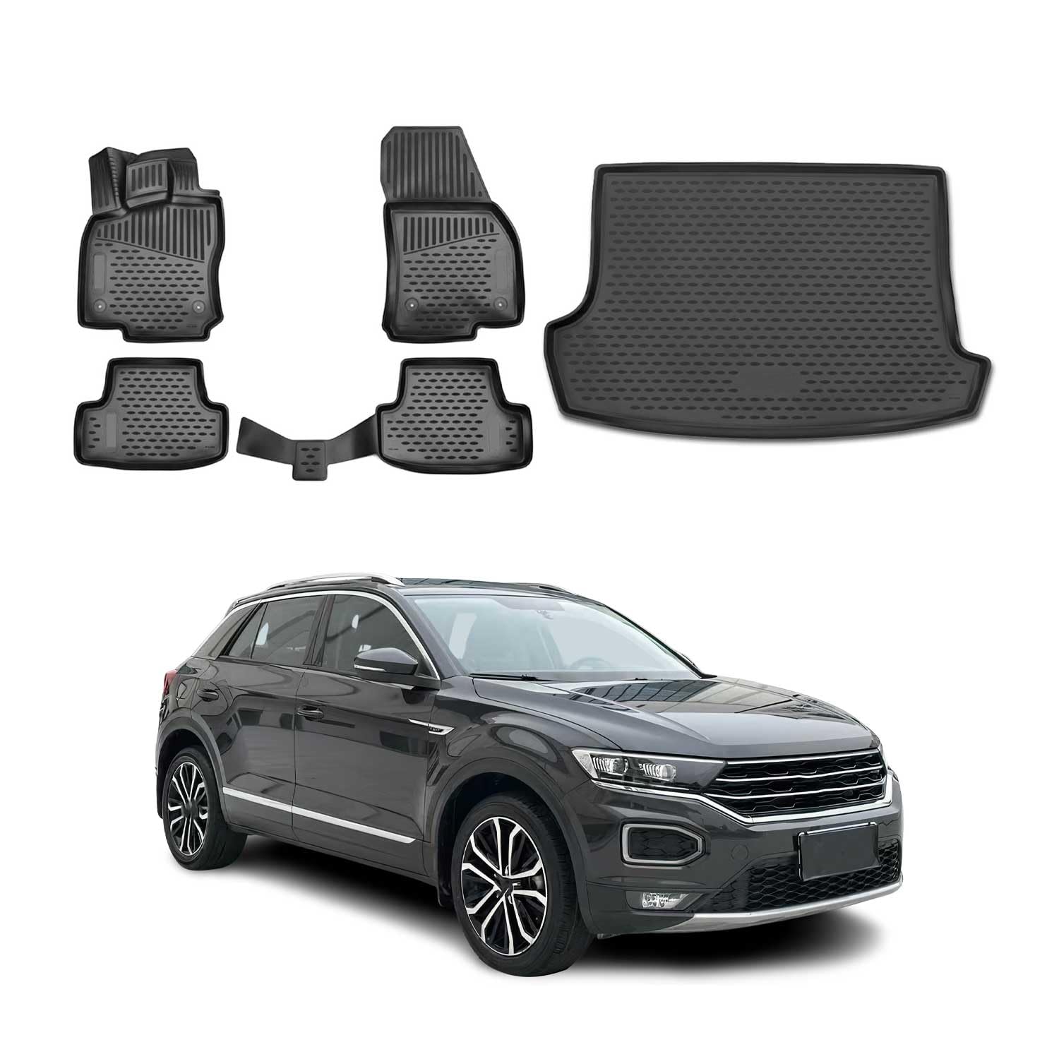 OMAC Fußmatten & Kofferraumwanne Set kompatibel mit VW T-ROC 2017-2025 Gummi TPE Schwarz 5X