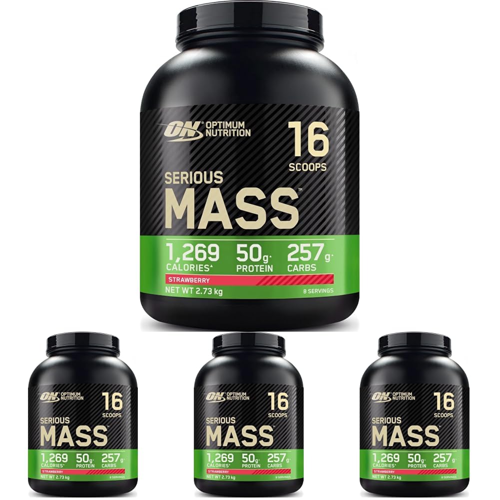 Optimum Nutrition Serious Mass Weight Gainer Protein Powder, Strawberry, 6 Pound (Pack of 4)