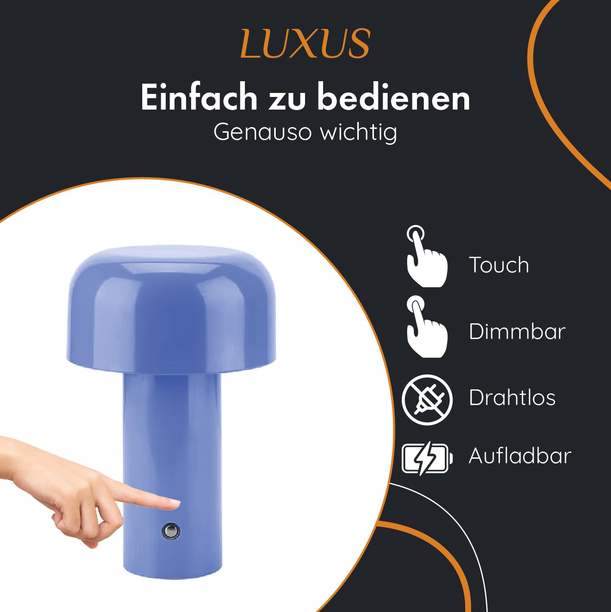 Luxus - Tischlampe Touch - Luna - Blau - H30 x Ø16 - Terrassenlampe - Schreibtischlampe - LED - Wiederaufladbar - Dimmbar - Kabellos - Batteriebetrieben - Tischlampe für innen und außen