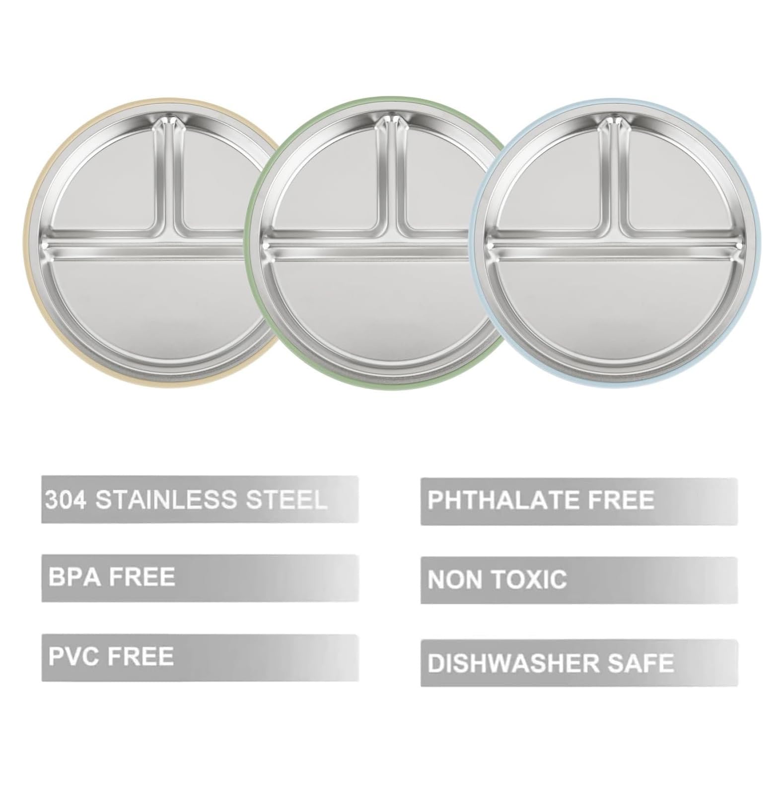 PandaEar Assiettes en Acier Inoxydable avec Suction pour Bébé, Lot de 3, Assiette Divisée pour Enfants, Set de Repas Antidérapant (Bleu)