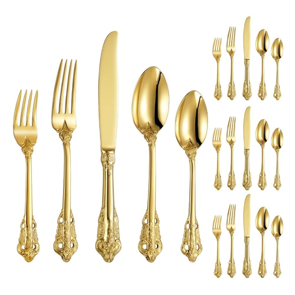 Set di posate in acciaio inox goffrato, 20 pezzi, eleganti posate per bistecca, forchette, cucchiai e dessert, resistenti, lavabili in lavastoviglie, per cucina e sala da pranzo