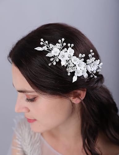 Miniatura 2 de Teyglen Peine para el cabello de boda con hojas de flores y perlas plateadas, tocados con diamantes de imitación, piezas para el cabello, accesorios