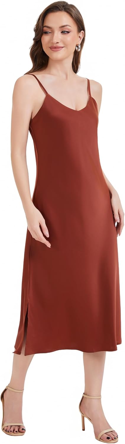 J.Corrine Women's Satin Slip Dress Lined V-Neck Midi A-line Spaghetti Strap Side Slits Evening Cocktail Party Formal Wear - Image 4
