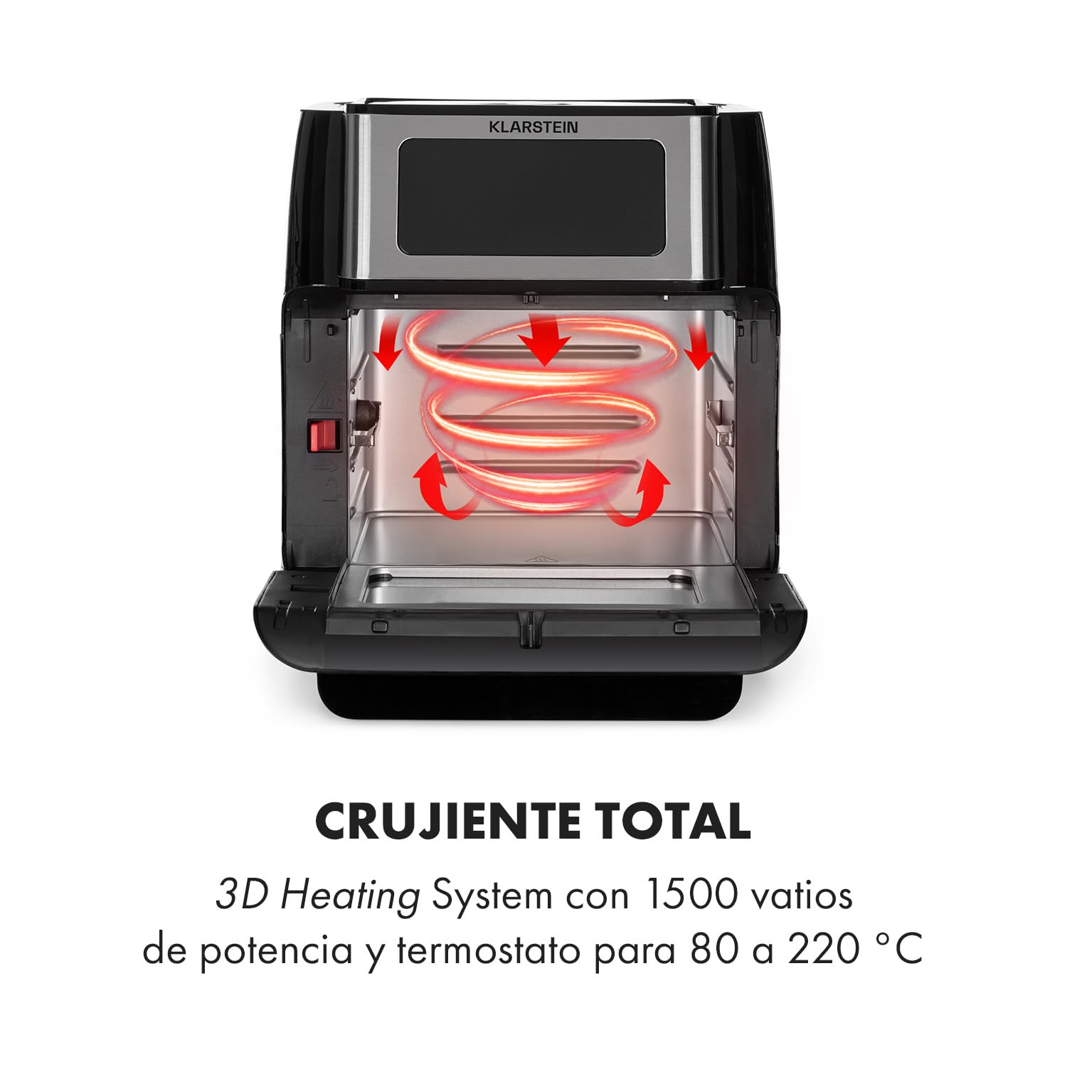 Klarstein AeroVital Fry - Freidora de Aire, 3D Heating System 1500 W, Volumen XL 10 L, 9 Programas, Carcasa Cool-Touch, Temporizador 60 min, Termostato hasta 220 C, Pantalla Tactil, Negro/Plata
