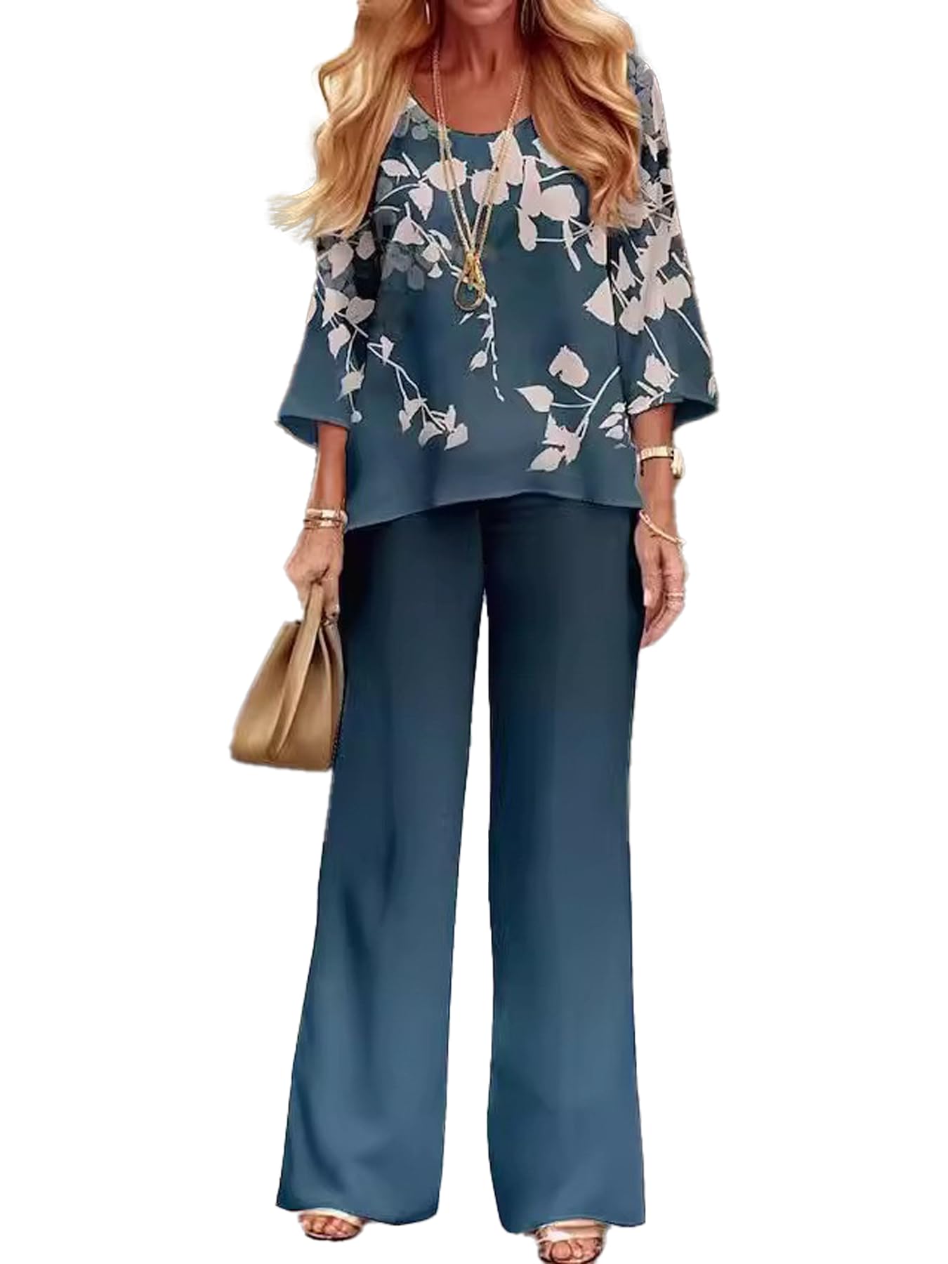 DEPENSL Summer Two-Piece Set for Women Boho Floral Print Pants Suit Loose Top Shirt Wide Leg Trouser