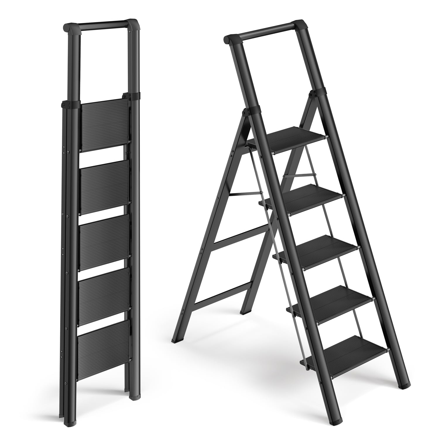 WOA WOA 5 Step Ladder with Anti-Slip Aluminum Pedal, Folding Ladder for Home with Handrails, Lightweight and Sturdy, Reach 9 ft for Kitchen Closet Office, Holds 330lbs - Black
