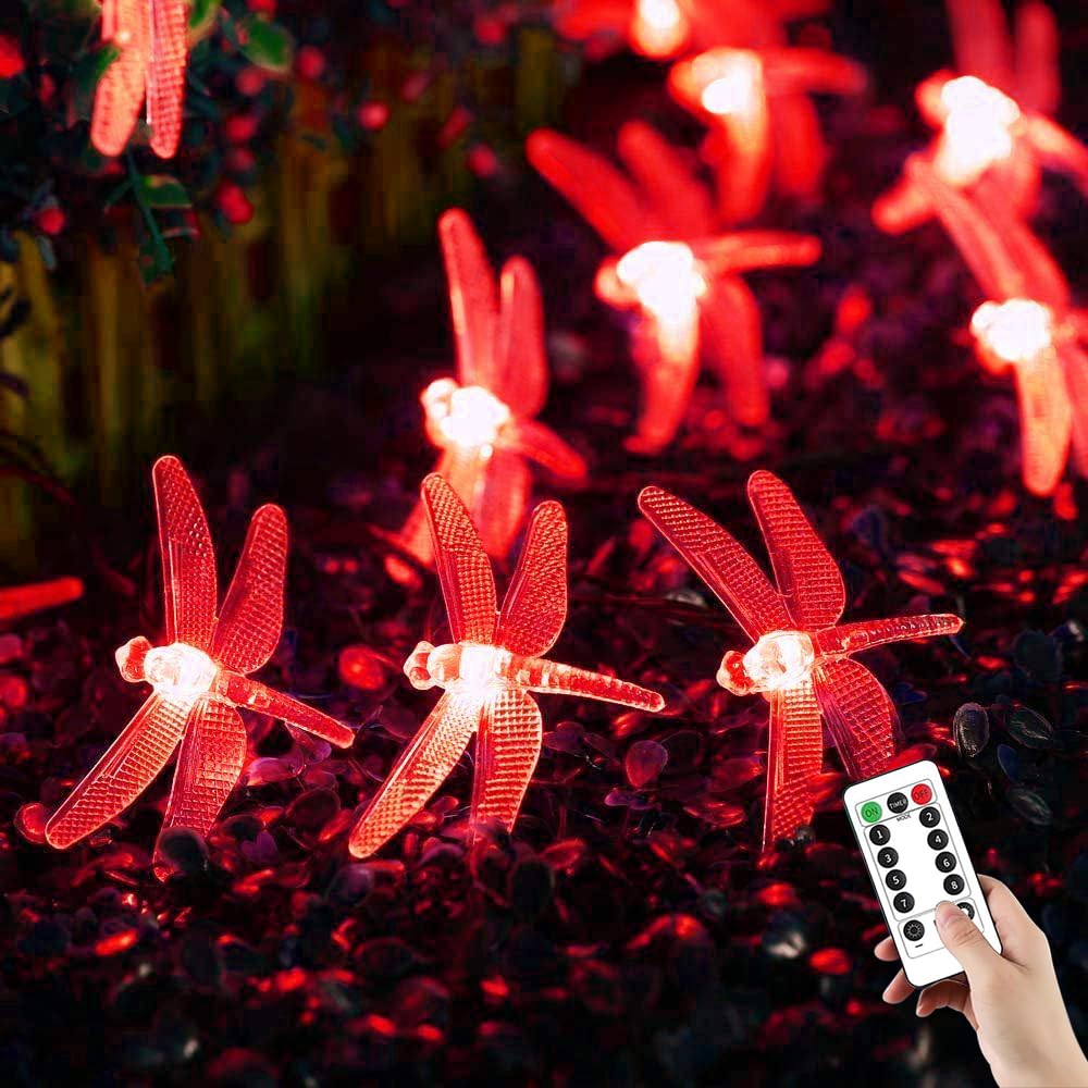 Catena luminosa solare a forma di libellula per esterni con telecomando, 22 m, 200 LED, impermeabili, 8 modalità. (rosso)
