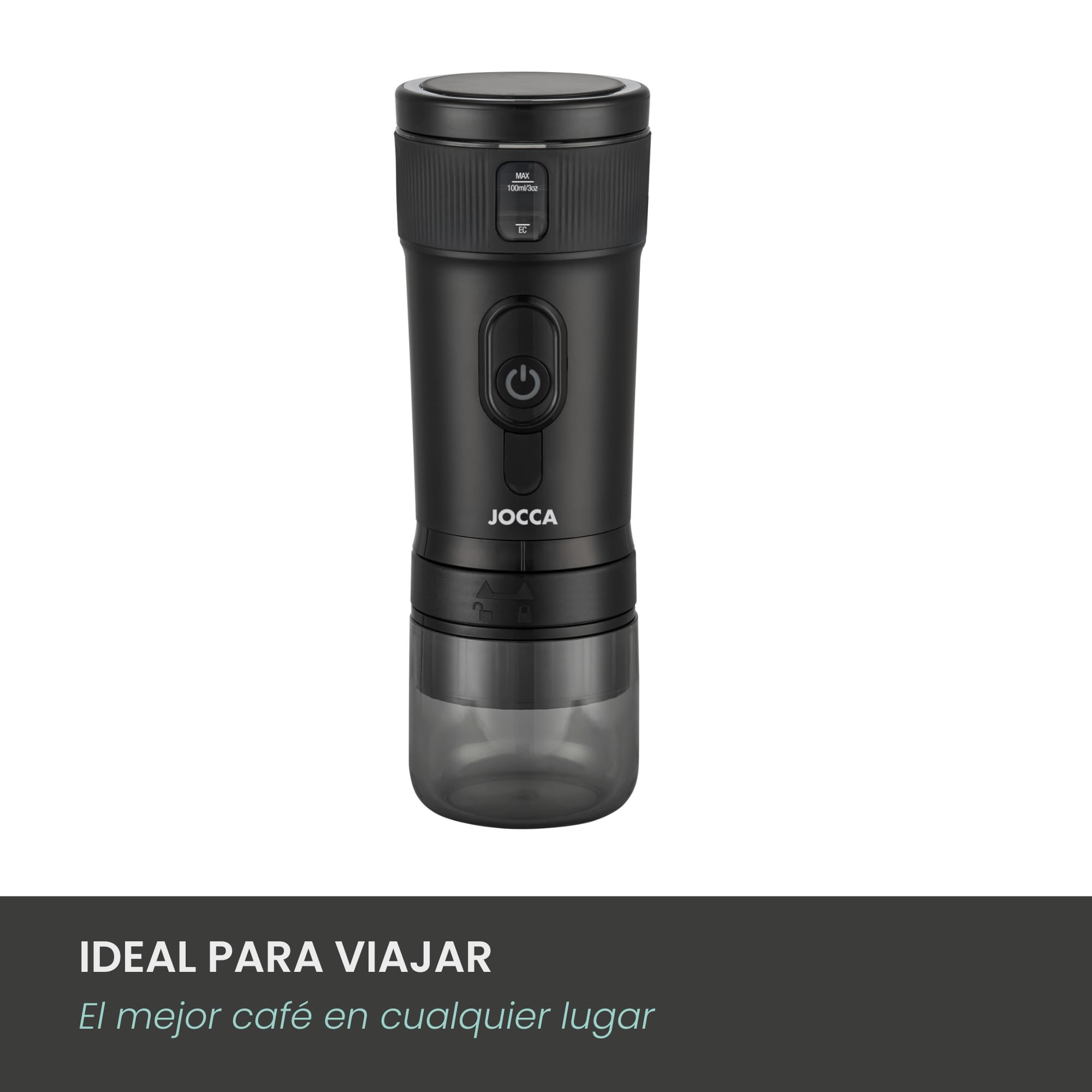 Jocca – Cafetera Portátil 3 en 1 | Compatible con Cápsulas Nespresso, Dolce Gusto y Café Molido | 15 Bares, Batería 2600mAh, Calentador 100W, USB-C, 100ml, Café Caliente en 8 Minutos