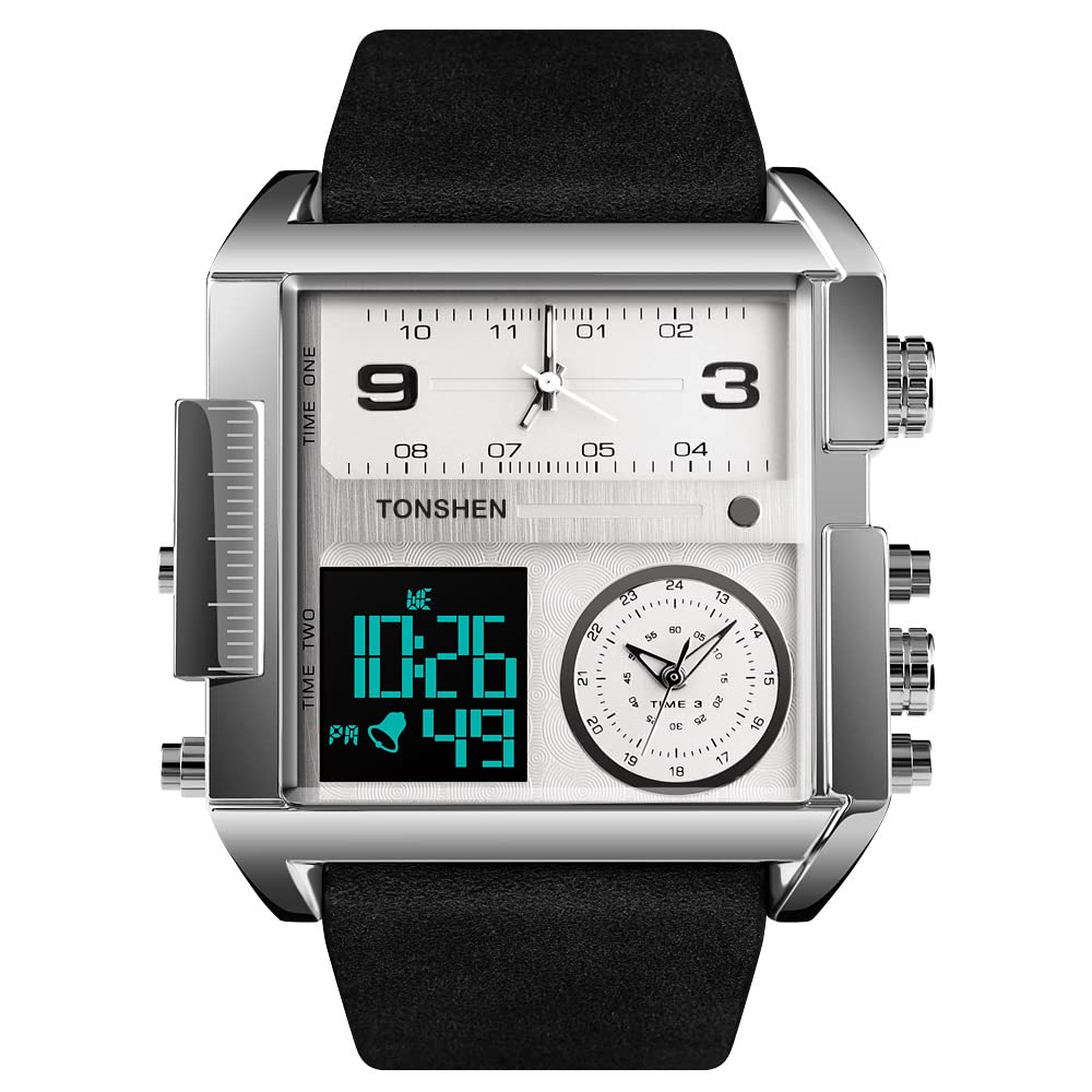 TONSHEN Moda męska cyfrowy zegarek ze stali nierdzewnej ze skórzanym paskiem outdoorowy wojskowy wielofunkcyjny LED elektroniczny analogowy kwarcowy trzykrotne zegarki sportowe duża prostokątna tarcza, Srebrny 1, bransoletka