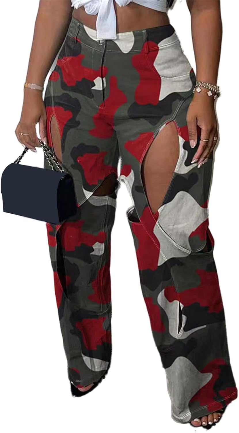 YOOTIKO Womens Camo Cargo Pants High Waisted Army Fatigue Straight Leg Camouflage Trouser Streetwear