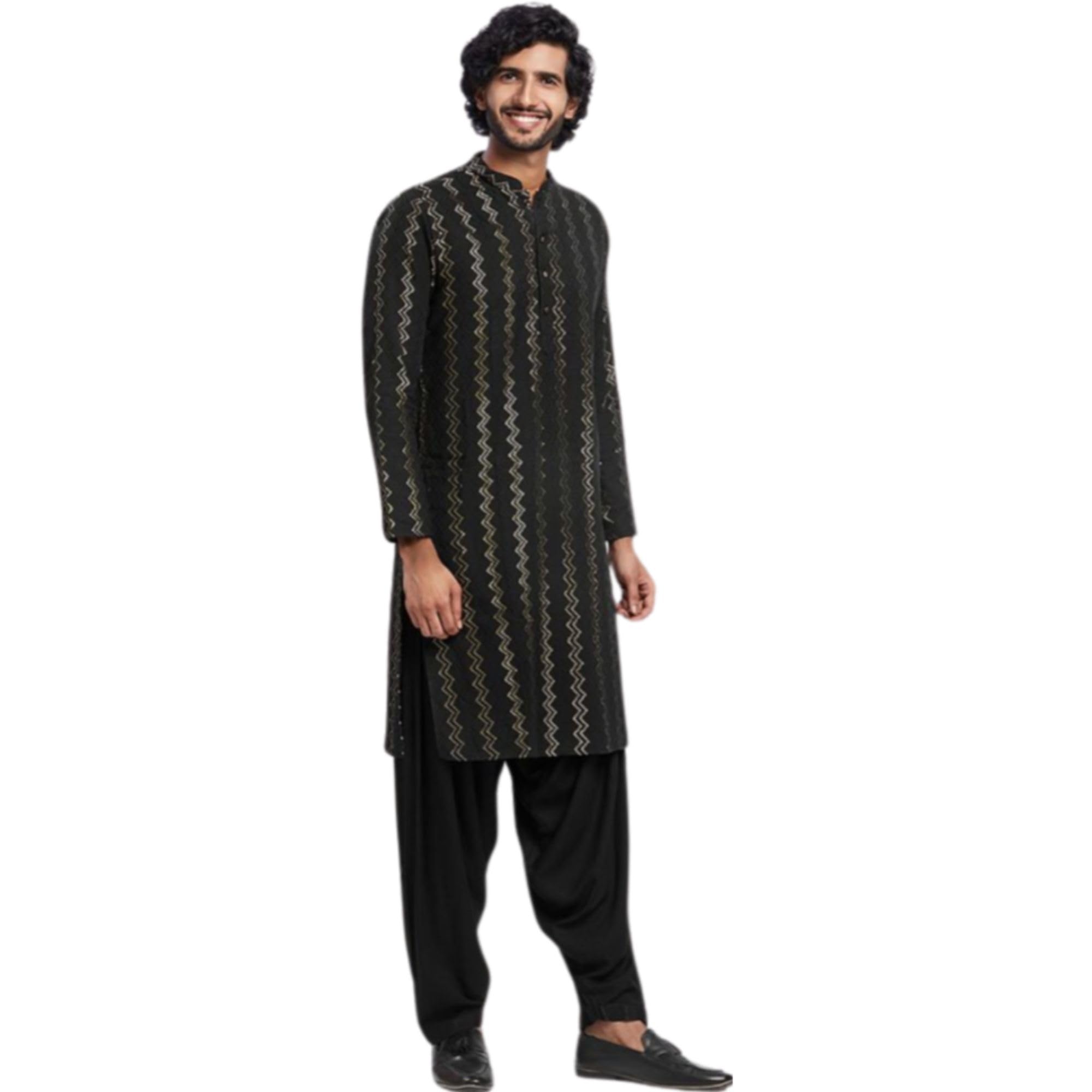 Kisah Men's Kurta, Black Cotton, Chevron Regular Fit Mandarin Collar Long Sleeves|40