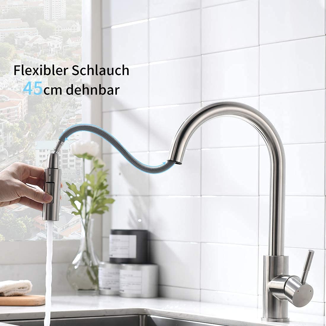 AIMADI Touch Sensor Wasserhahn Küche Armatur Küchenarmatur mit Brause Ausziehbar 360° Drehbar Spültischarmatur Mischbatterie Einhand-Spültischbatterie Gebürsteter Nickel
