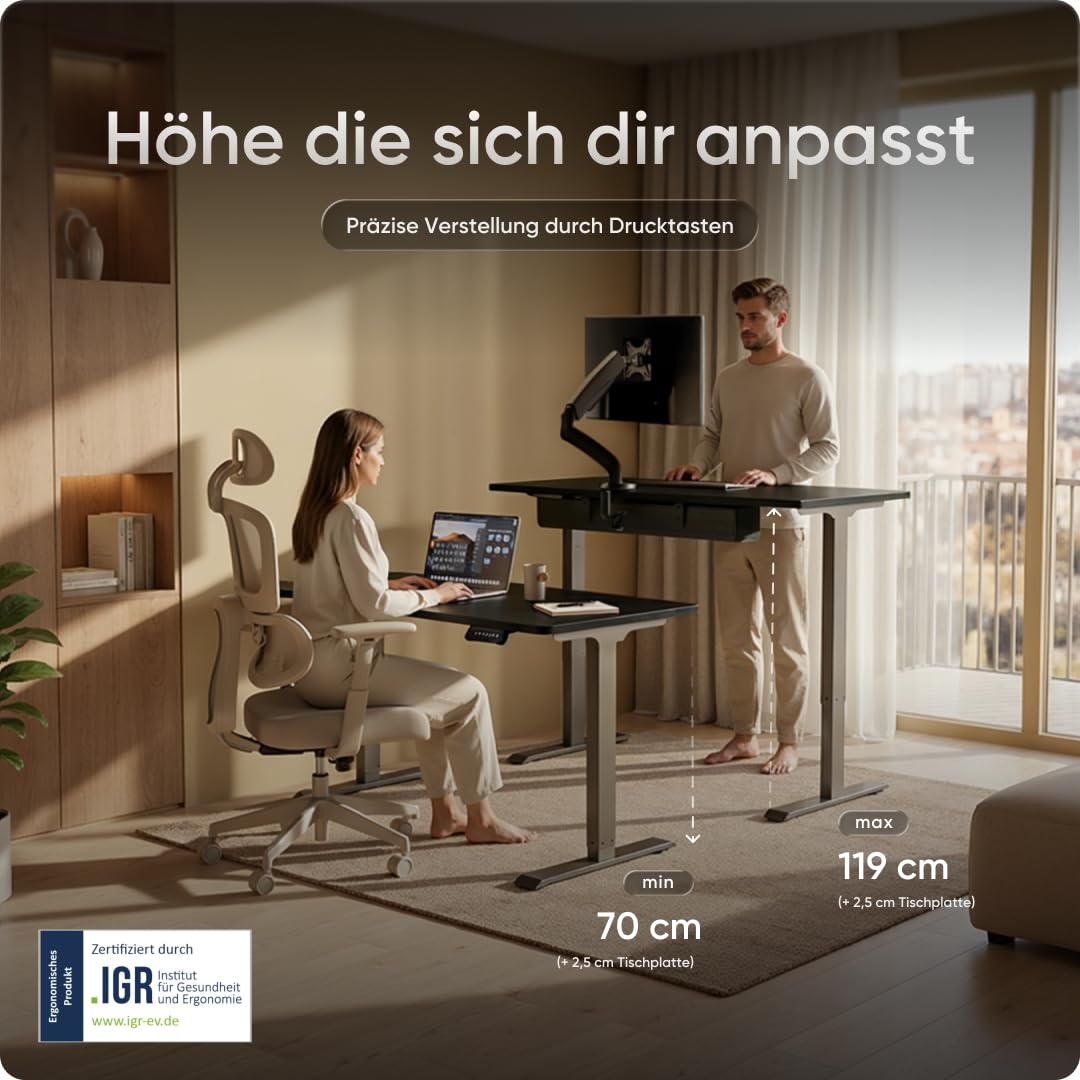 PRO Höhenverstellbarer Schreibtisch Gestell (elektrisch) - Schreibtischgestell Höhenverstellbar mit Kollisionsschutz, Memory Funktion, USB-Anschluss und 5 Jahre Gewährleistung (Grau)
