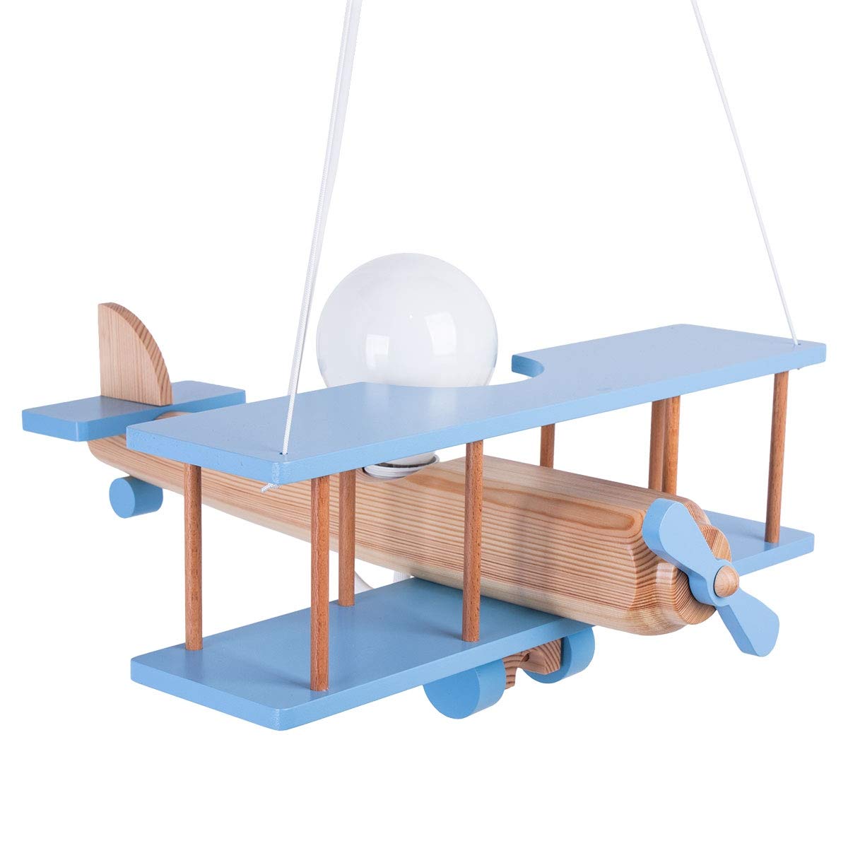 Hellux Lampada da Soffitto Cameretta in Legno | Plafoniera per Bambini | Lampada a Soffitto 75x42x45cm per Cameretta Neonato | Lampada Aereo E27 Senza Lampadina (Blu/Legno naturale)