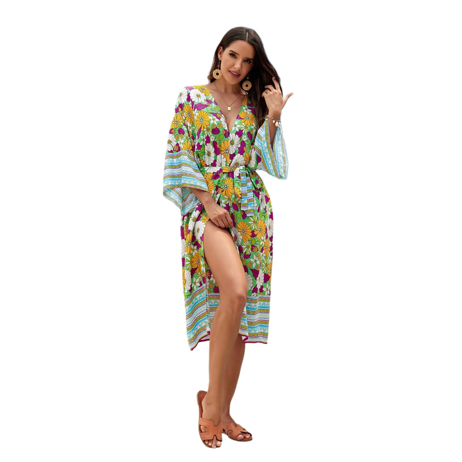 Cárdigan de playa para mujer con banda en la cintura, kimono largo de flores, frente abierto, cárdigan de playa