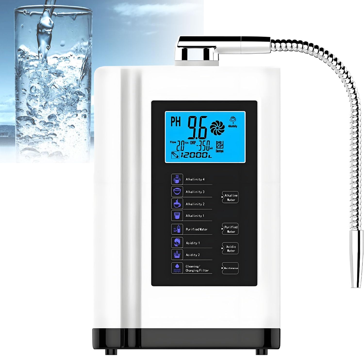 Ionizzatore d'acqua alcalina,PH 3,5-10,5,filtro per acqua alcalina domestico, ORP fino a -500 mV, depuratore d'acqua, con 7 impostazioni dell'acqua,8000 litri per filtro,pulizia automatica White
