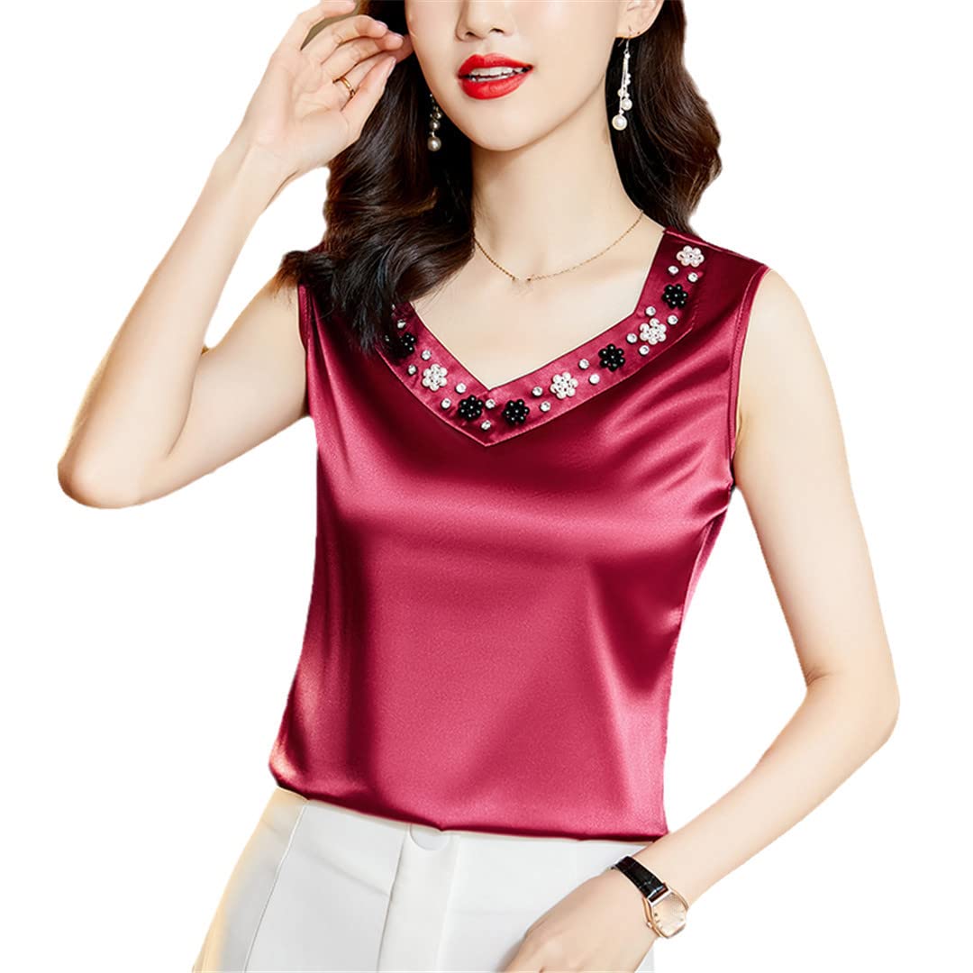 Camiseta sin mangas con cuello en V para mujer, de satén, con cuentas, sin mangas, rojo vino, XXXL