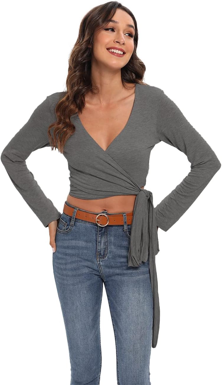 Famulily Women's Sexy Deep V Neck Bandage Surplice Wrap Crop Top - Image 4