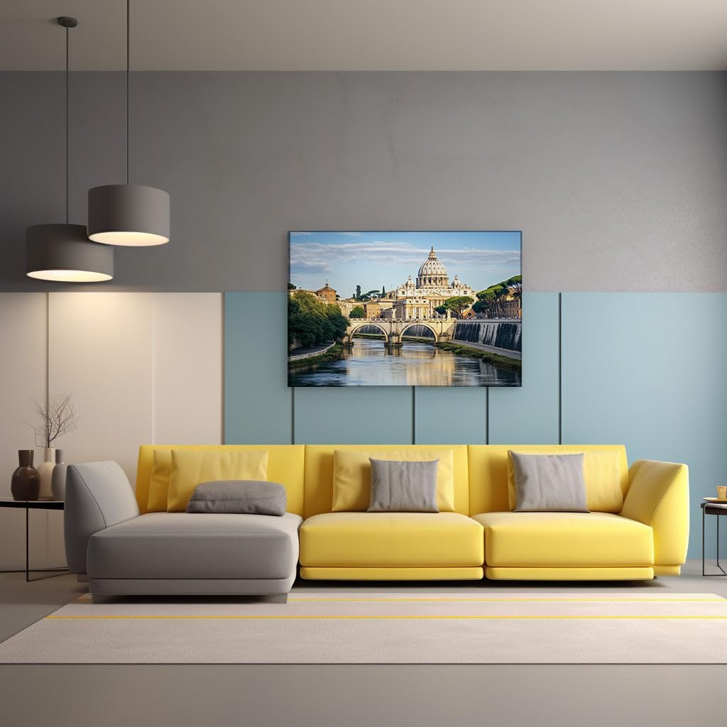 Canvas for Living room. Rome's Serene Splendor: A Glimpse of the Tiber and the Majestic St. Peter's Basilica, 27 x 18 inch Canvas Wall Art - Contemporary Masterpieces - Modern Home Decor