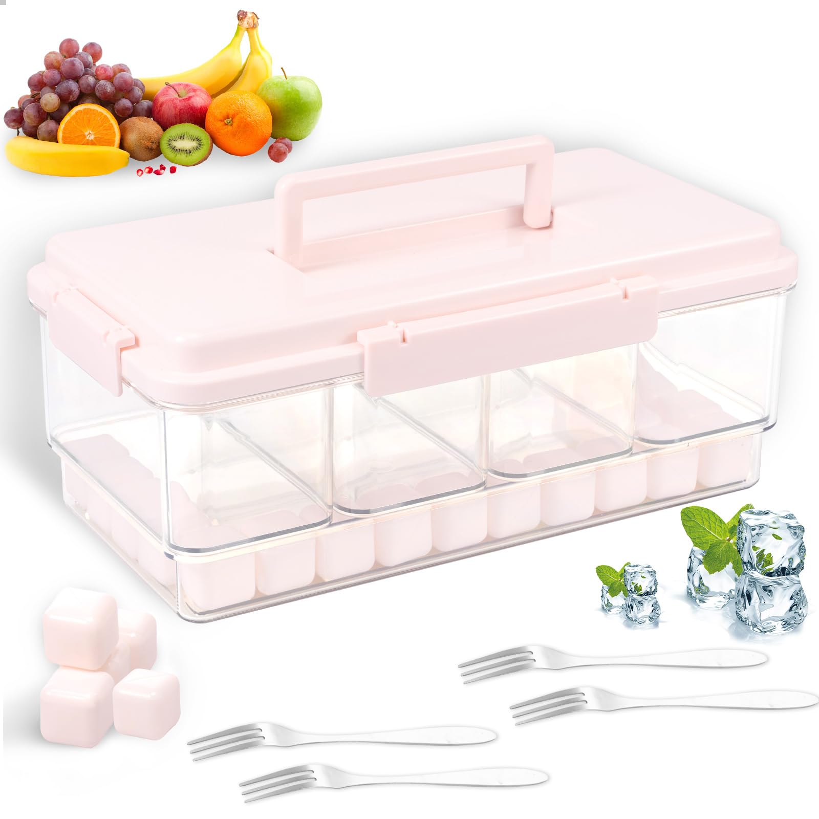 CBWERBB Portable Container with Ice Pack,4 Compartment Divided Serving Tray Food Snack Container Box with Lid and Handle,Cooling Travel Charcuterie Boxes for Fruits,Veggies,Snacks(Pink)