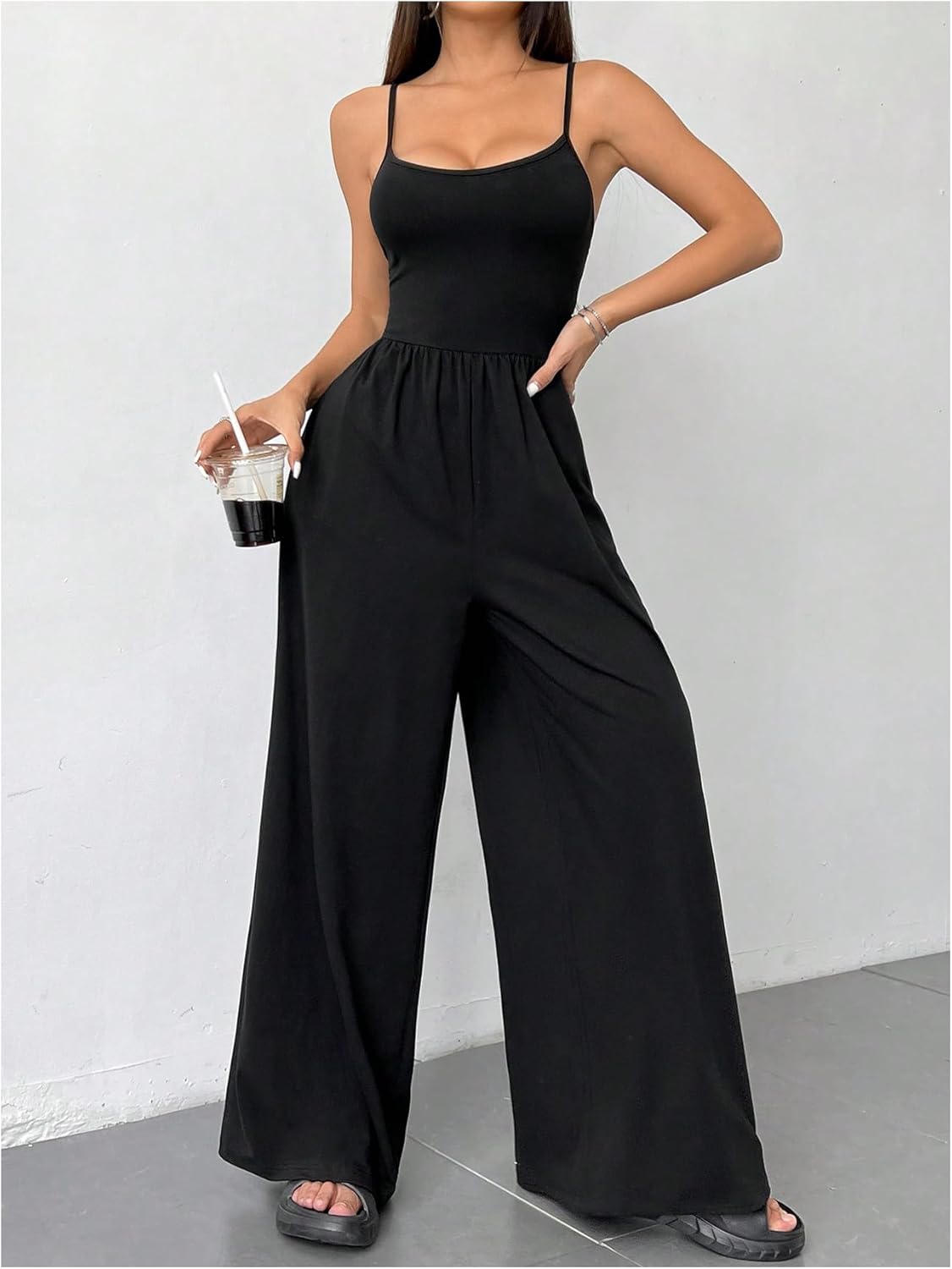 OYOANGLE Women's Sleeveless Wide Leg Jumpsuits High Waisted Spaghetti Strap Casual Long Rompers with Pockets - Image 5