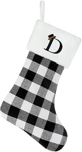 Miniatura 10 de Senneny Medias de Navidad con iniciales, medias de Navidad grandes de 20 pulgadas con monograma a cuadros negros y blancos