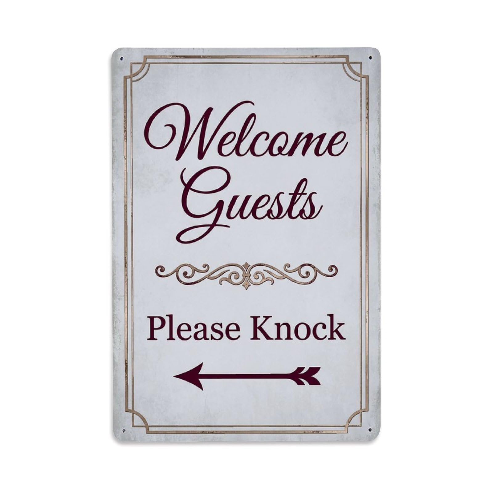Vintage Welcome Guests Please Knock Arrow Scroll Metal Tin Sign