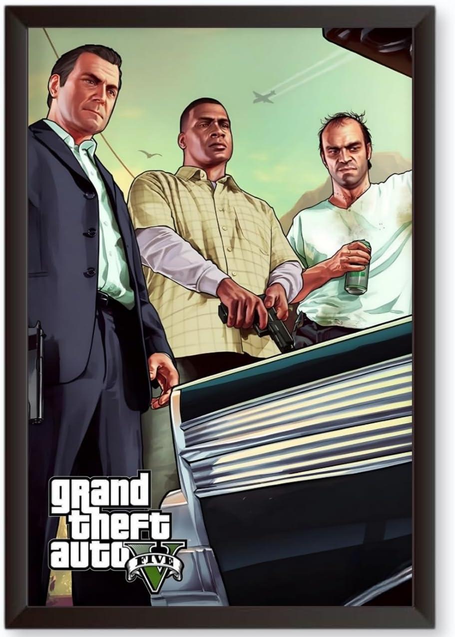 Waltractive Gta 5 Poster with Frame - Sleek Black Framed Poster for wall - 8x12 Inch - Perfect for Gamers and Fans of the Grand Theft Auto v Series