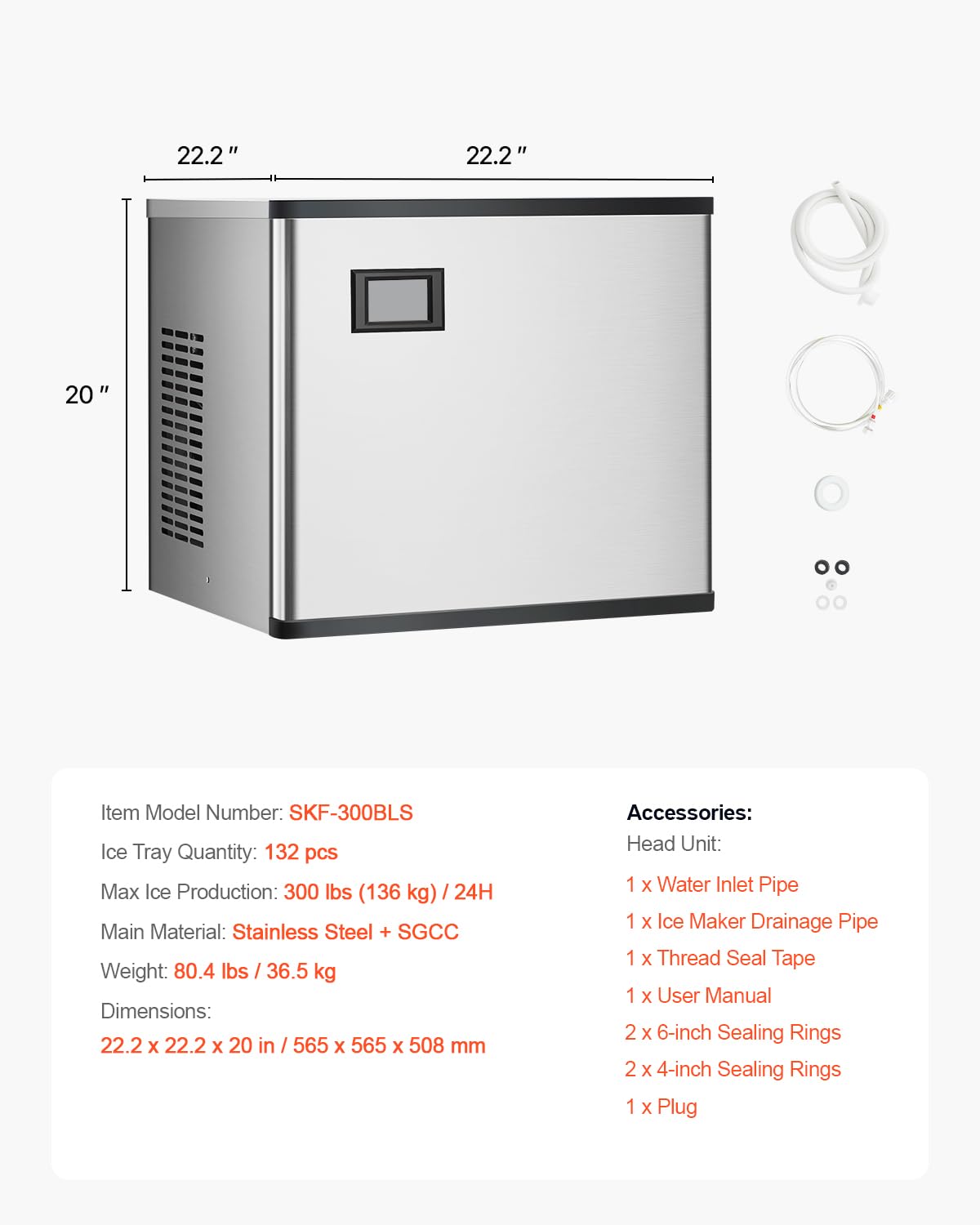 VEVOR Macchina per Ghiaccio Commerciale in Acciaio Inox 565 x 560 mm, Autopulente e Produzione Ghiaccio, Macchina per Cubetti di Ghiaccio Modulare per Ristoranti Solo Testa 136 kg/Giorno