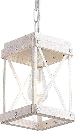 Fivess Lighting Moderna lámpara colgante envejecida blanca envejecida con jaula de madera y metal, cadenas ajustables de una sola luz rústica, mini