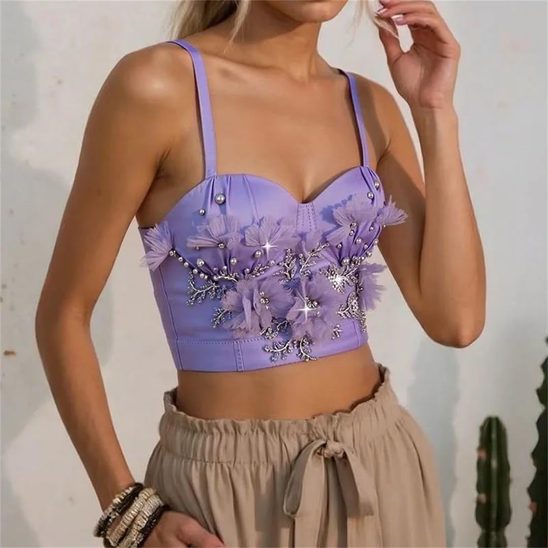 Yeuyyben Corsetto da donna fatto a mano con perline floreali crop top senza maniche canotta elegante estate canotta