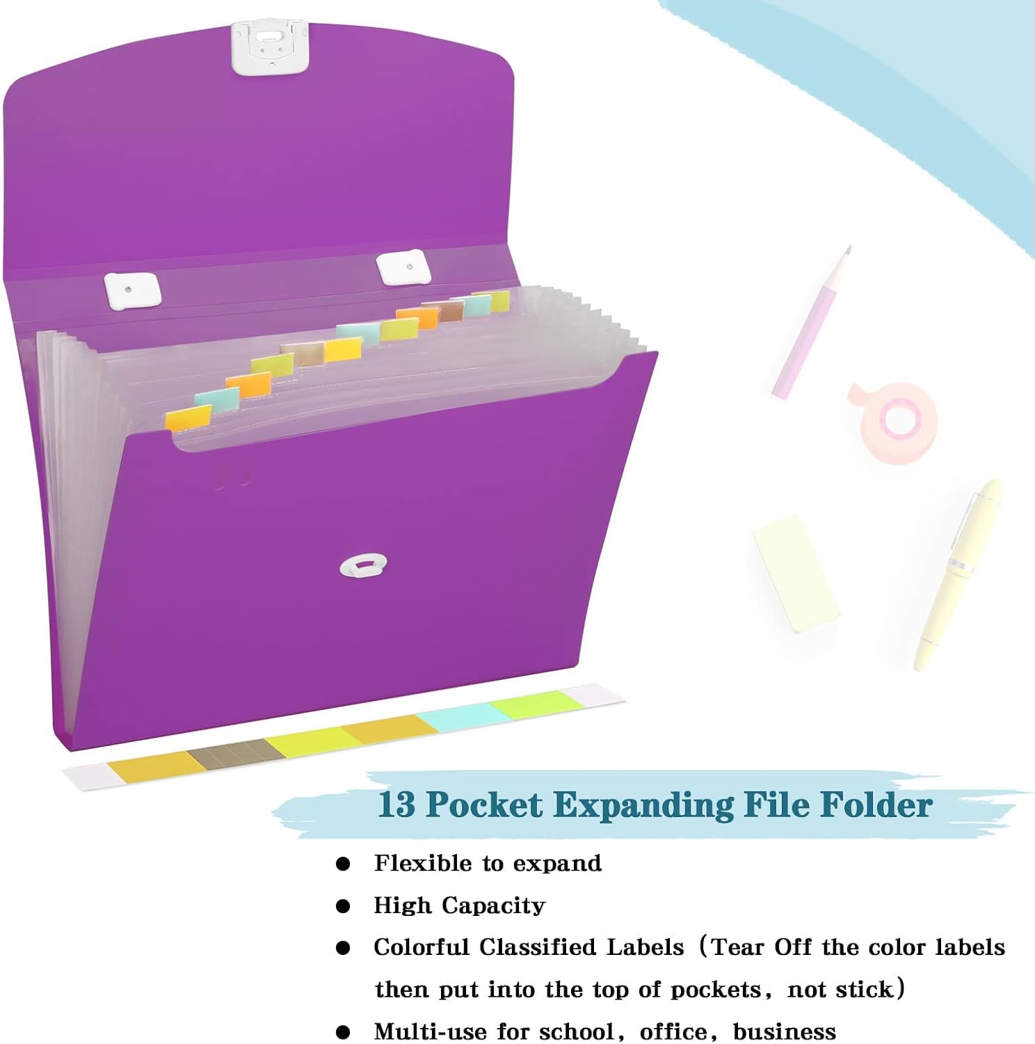 Purple Accordion Folder Letter Size 13-Pocket Expanding File Folder Accordion File Organizer Document Folder Organizer A4 Size File Folders with Handle for School, Office, Home