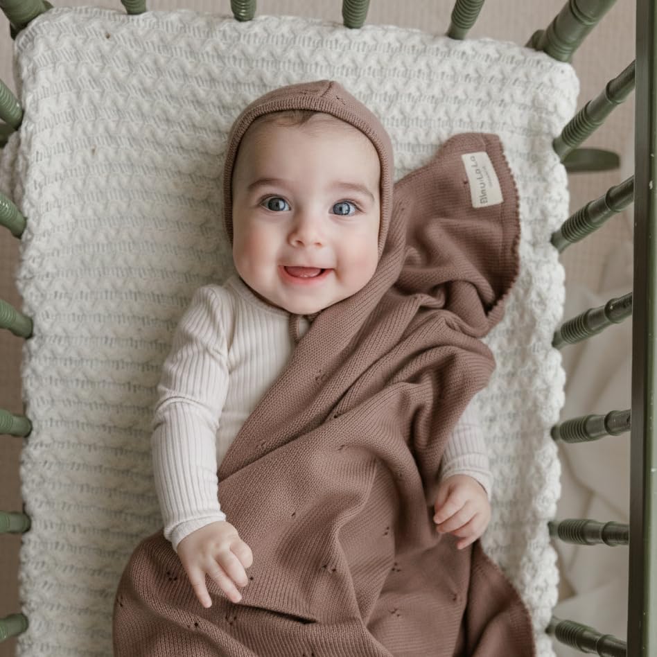 Image of Baby Gift Set - Organic Cotton Newborn Blanket Essentials, Newborn boy Gifts, Baby boy Gifts for Baby Shower (Pointelle - Milk Chocolate)