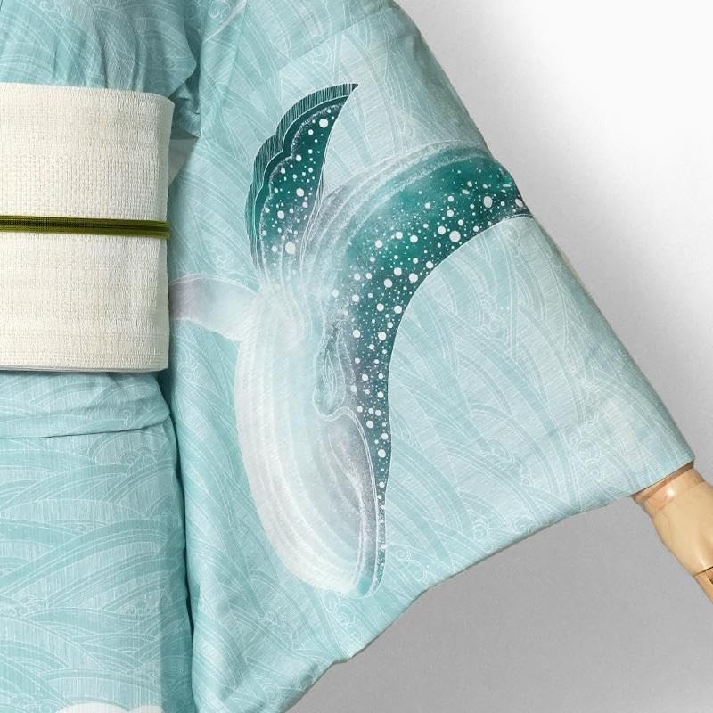 ☆ミントグリーン地にクジラと波柄☆めずらしい絵羽浴衣☆夏きもの大人