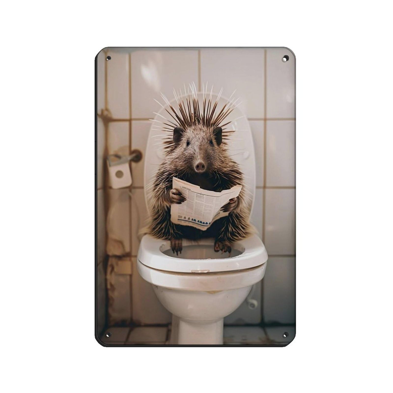 Porcupine Sitting on The Toilet Reading A Newspaper (5) Tin Sign Vintage Metal Pub Club Cafe Bar Home Wall Art Decoration Poster Retro 8x12inch(20x30cm)