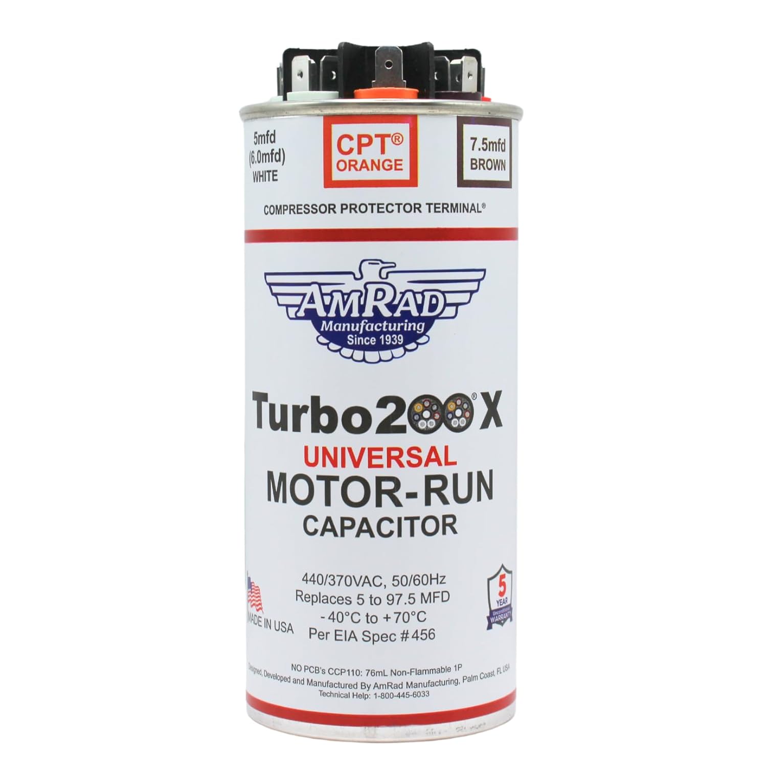 Universal Capacitor 5-97.5 MFD 370V/440V Dual Run Round Capacitor for AC Unit Fan Motor Start, Heat Pump, Condenser Cool - Includes Compressor Protection Terminal - Made in The USA