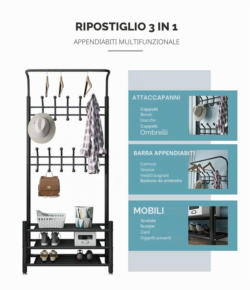MAGIC SELECT Appendiabiti Portabiti, Barra Superiore per Grucce, 18 Ganci e 3 Ripiani per Scarpiera - Appendiabiti in Metallo per Ingresso Corridoio