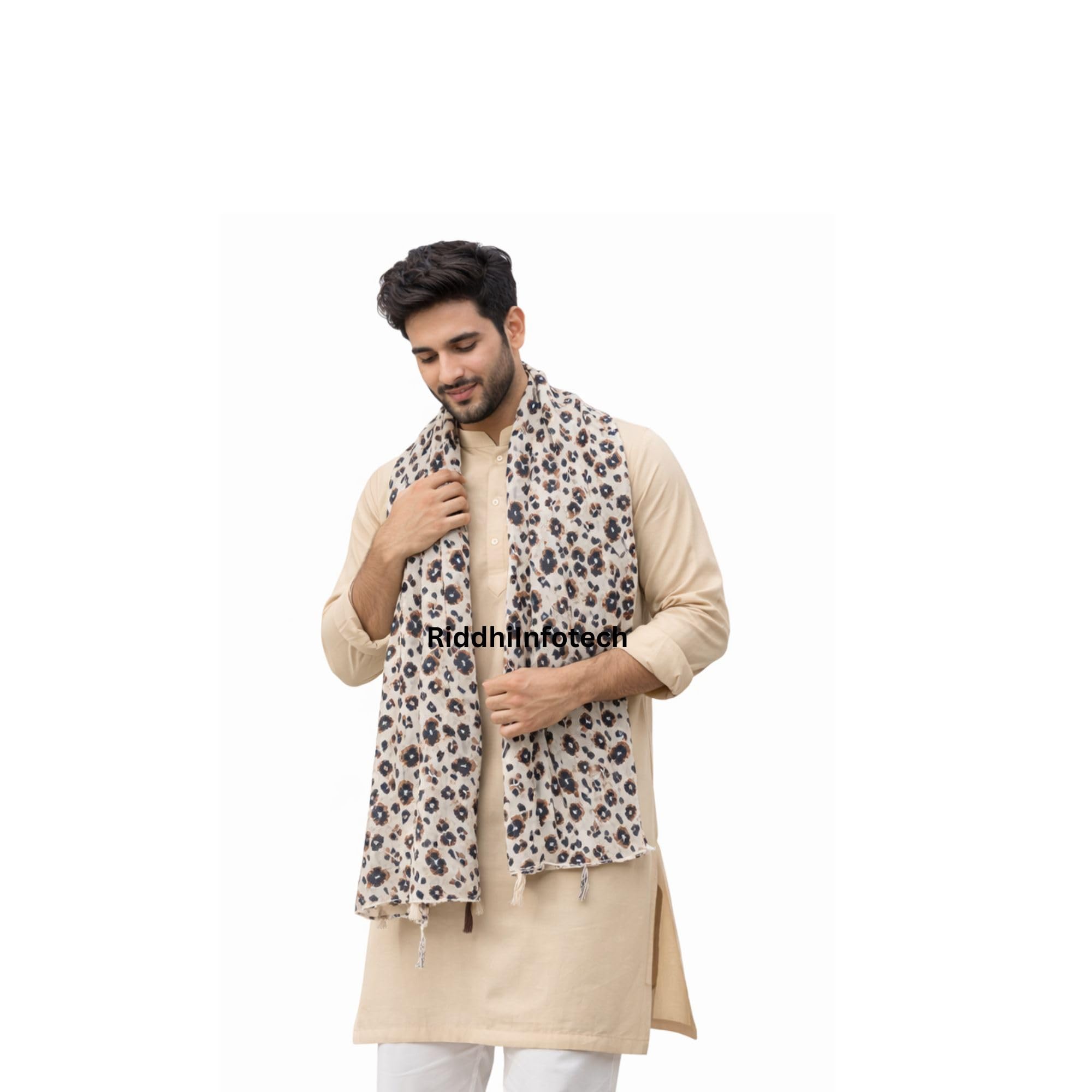 RiddhiInfotech Men’s Beige Leopard Print Dupatta | Approx 2 Meter Length | Soft Lightweight Stylish Ethnic Stole for Kurta Pajama | 1 Pc-picture-32