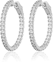 Vista 3 de Pendientes de aro medianos redondos de plata de ley 925 con circonita cúbica de 0.079 in, Plata de ley Plata, Circonia cúbica