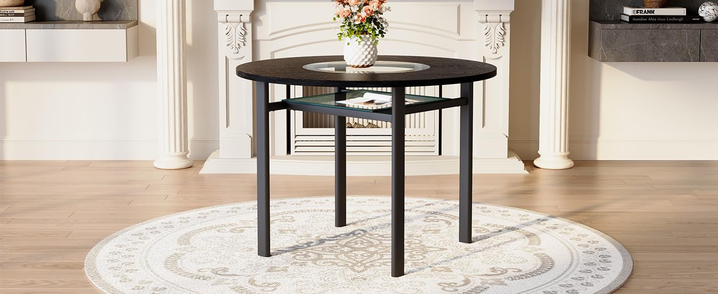 Mesa de Comedor Redonda de MDF y Cristal, Salón y Cocina, Negro, 100 cm