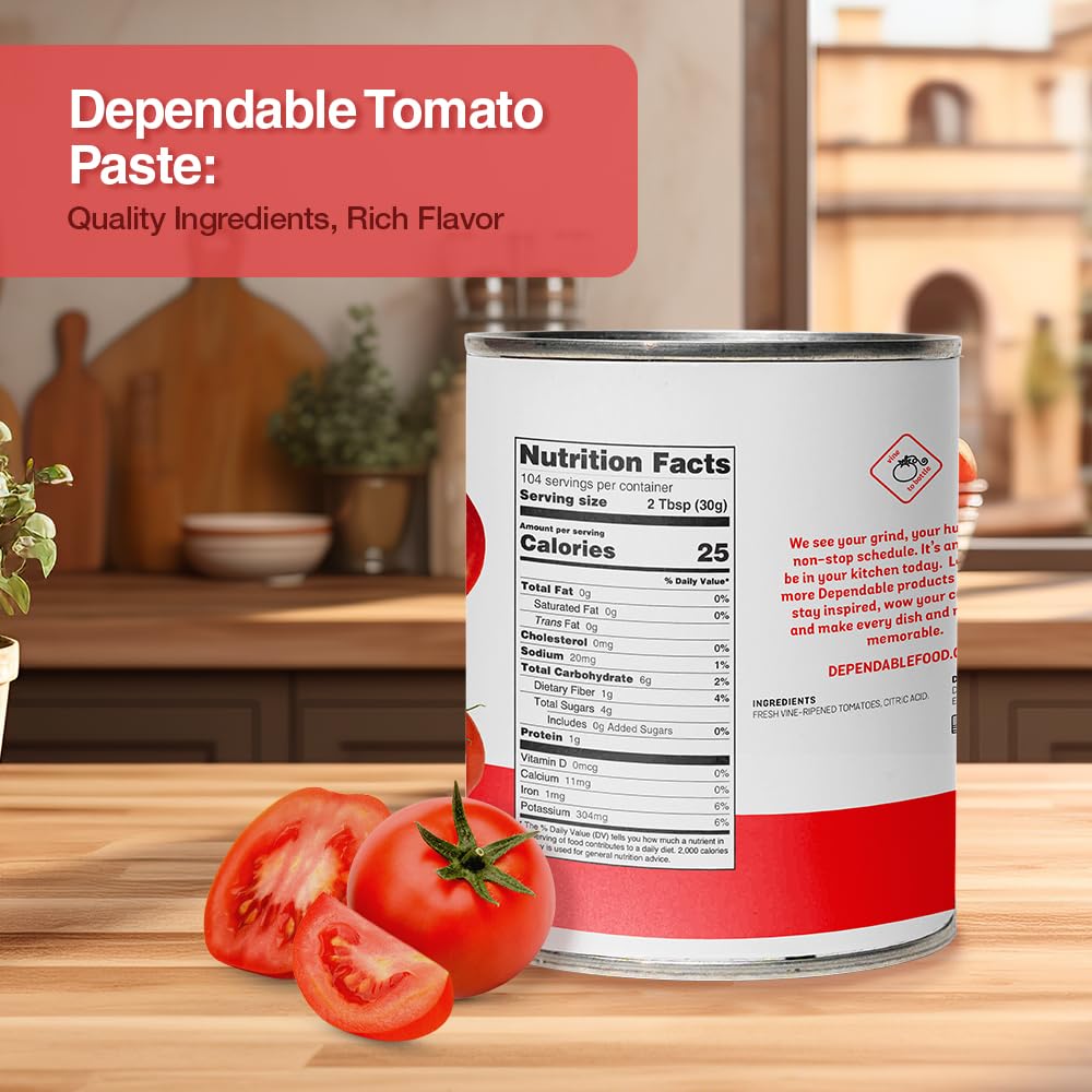 Dependable Foods Tomato Paste – 6.94 Lbs., 111 oz.- Extra Heavy Pizza Sauce with Basil - Authentic California Vine to Bottle Blend - Kosher