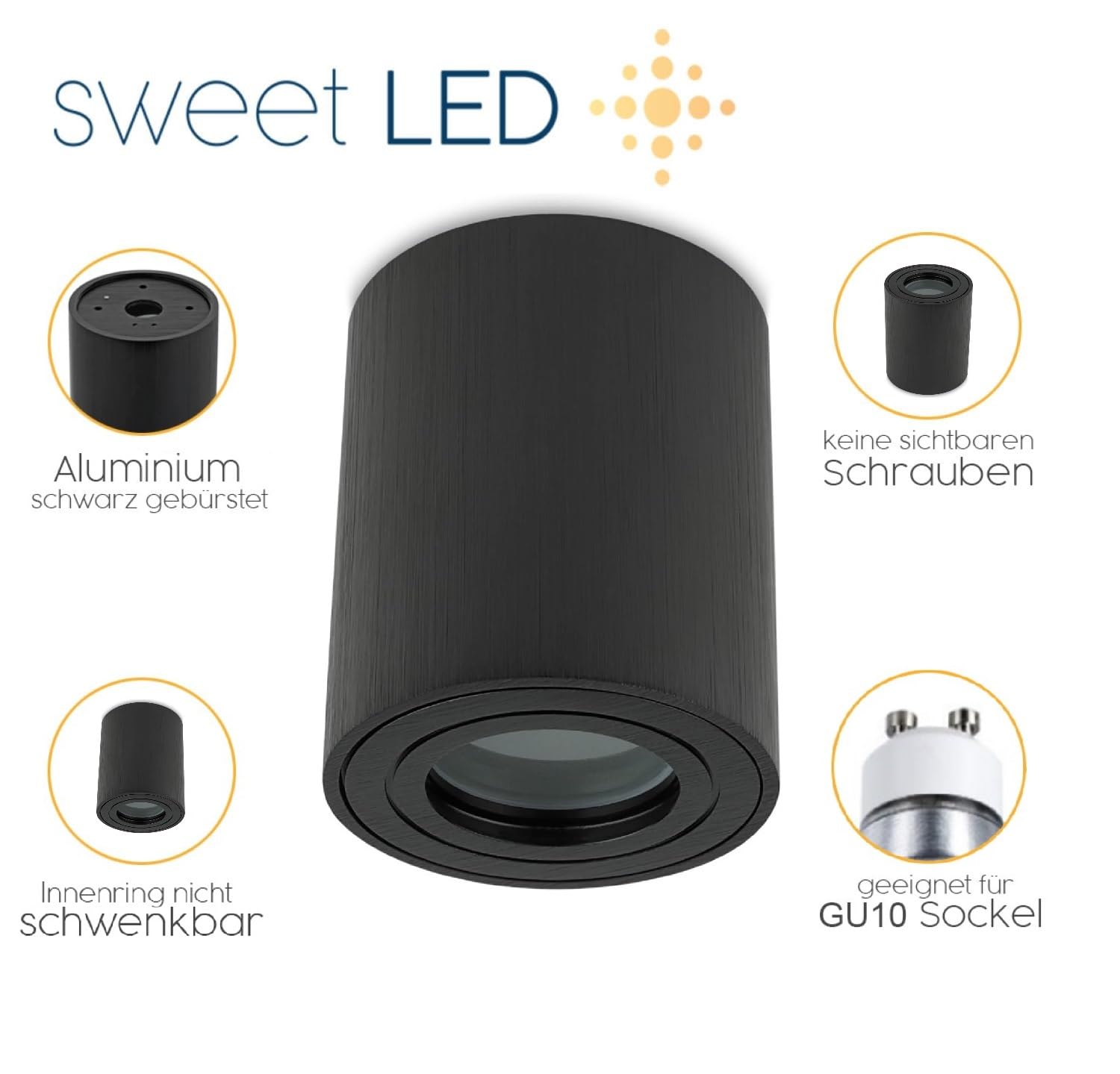 Sweet Led 4 Stück Aufbaustrahler Bad IP44 Aluminium GU10 Deckenspot 95mm Feuchtraum Badezimmer Nassbereich Aufbauleuchte 230V Aufbauspot – schwarz gebürstet, rund