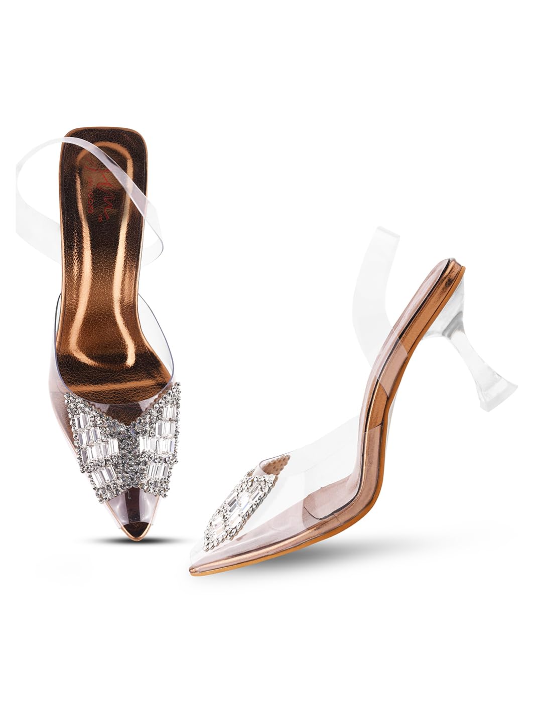 FROH FEET Womens Peep Toe Kitten Heel Sandals: Comfort Sole, Stylish Transparency, Beautiful Stone Work (B0CWXMWKQD) Amazon Price History, Amazon Price Tracker