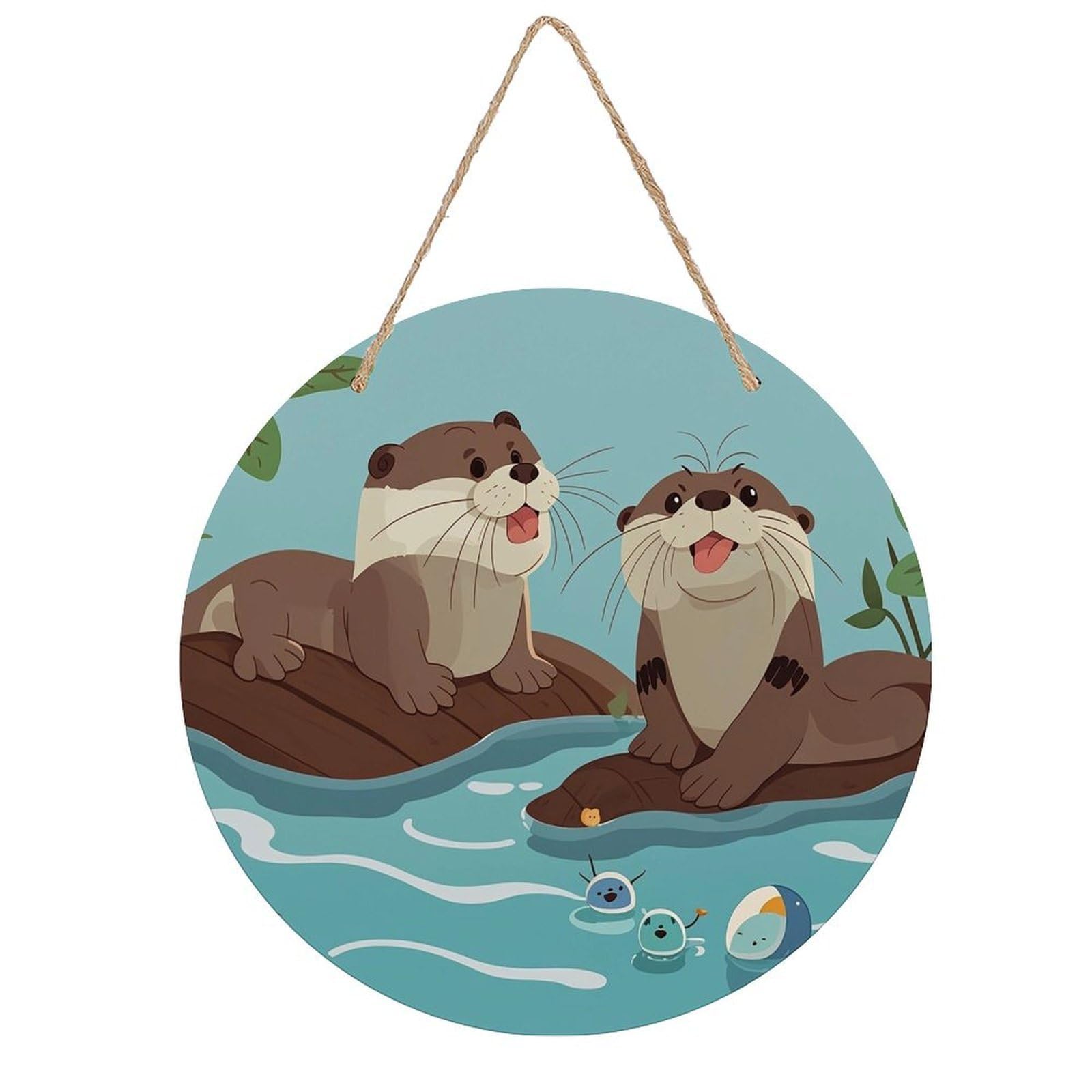 FekiLoot Otters Wall Art Decor Rustic Welcome Sign Round Wood Hanging Sign Decoration Wood Plaque Door Hanger Wooden Signs Wall Hanging Decor Housewarming Gift for Home Outdoor Indoor
