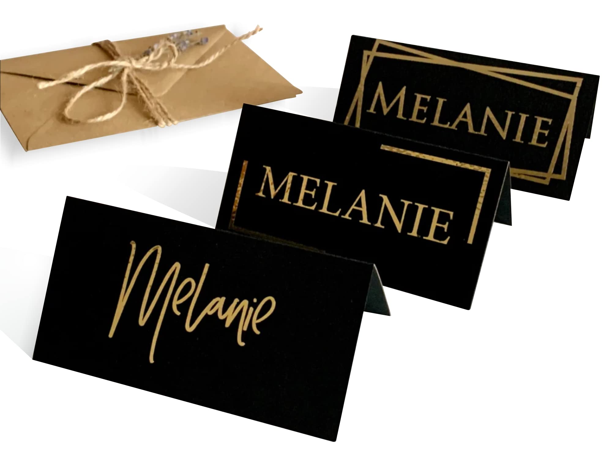 Personalized Wedding Black Place Name Cards Template, Table Seating Card Holders, Paper Tent Cards, Gold Foil Border, Calligraphy, Custom Guest Names, Flat or Folded, Escort Cards Birthday Party Event