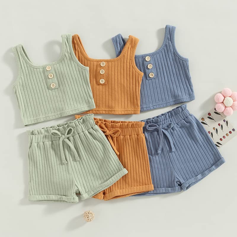 Toddler Girl Clothes Baby Girl Summer Outfit 2Pcs Ribbed Sleeveless Shirt Tank Top and Shorts Solid Color Set (Blue,12-18 Months)