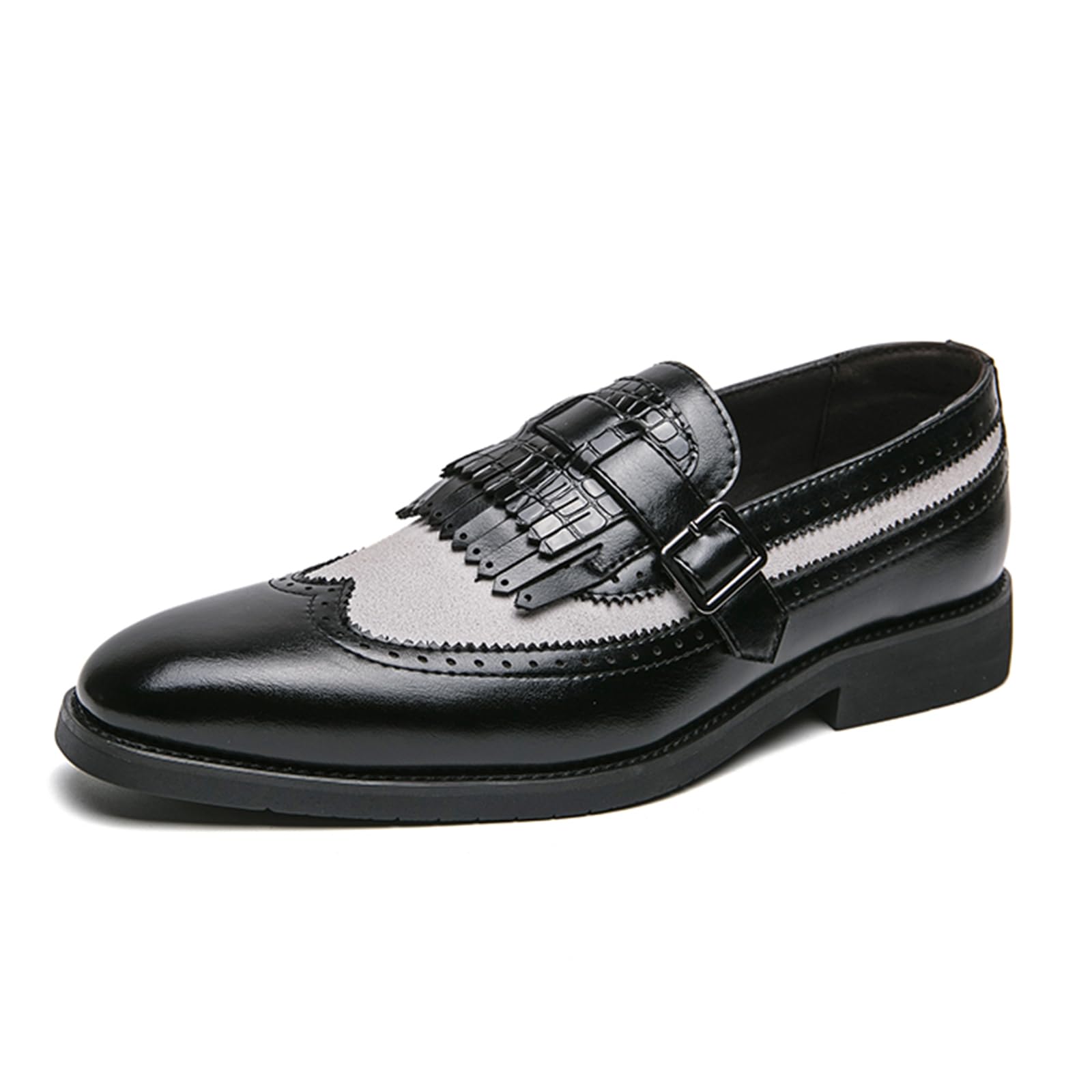 Photo 1 of XENTORD Men's Leather Monk Strap Dress Loafers Wingtip Brogue Design with Tassel Detail Comfortable Slip-On Business Casual Shoes for Office Tuxedo Formal Events (Black,10)
