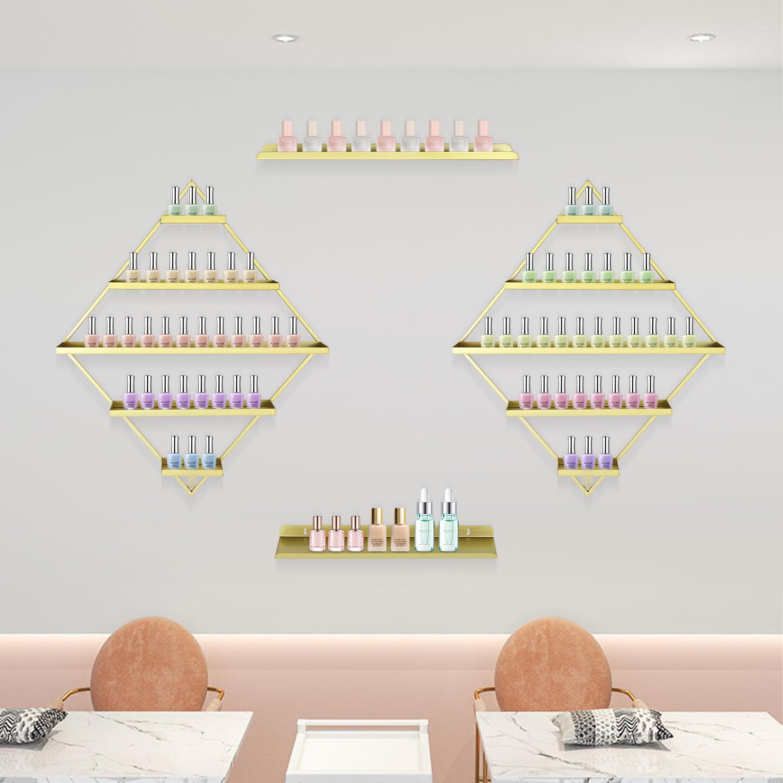 Platzsparendes 5-stöckiges Nagellack-Regal In Gold – Rautenförmiges Design, Wandmontage | Geeignet Für Friseurbedarfsgeschäfte | Kosmetiksalons & Make-up-Räume – Ca. 90 Flaschen | Leicht Zu Reinigen