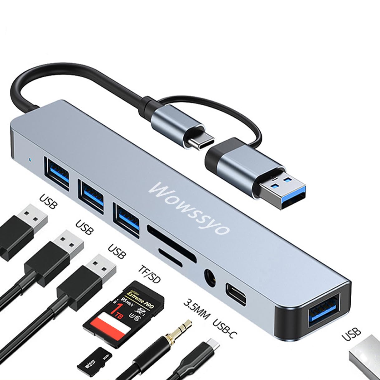 Wowssyo Hub USB C Multiport 8 in 1, adattatore USB C a Usb, Usb 3.0/2.0, SD/TF, Audio, USB-C Data, hub docking station per telefono cellulare Ipad Macbook Dell Laptop Windows PC & altri dispositivi