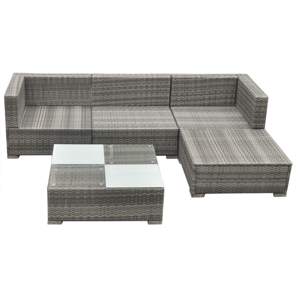 Juego de muebles de jardín modulares de ratán gris de 5 piezas, con sofás, mesa de café y taburetes para terraza y jardín, incluye cojines de asiento y respaldo